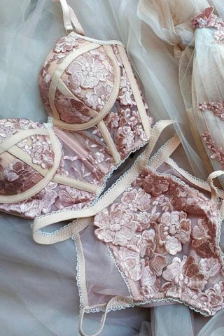 Pink floral Bridal Bra and Panty, Bridal lingerie, Blush Bra Set