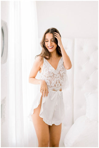 White Bridal Bra and Shorts, Bridal lingerie, White Lace PJs. Sexy