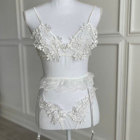 White Bridal Bra and Panty, Bridal lingerie, White Bra Set with garter –  Alexandra Jo Intimates