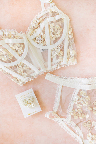 Ivory and gold floral lingerie set. Embroidered lingerie on sheer ivory mesh -  2 piece bridal  lingerie